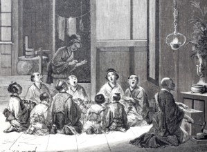 Japanese family gathered for prayer, praying, religion, home altar, 1870, Japan, Historical,