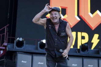 Brian Johnson, lead singer of AC/DC live on Power Up Tour 2025 at the Olympiastadion Berlin on 30