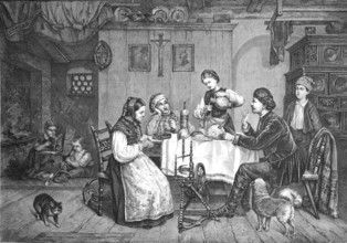 The student on holiday at home with his family at the kitchen table, Historical, Reproduction from