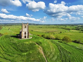 Burrow Mump from a drone, Southlake Moor, Burrowbridge, Taunton, Somerset, England, United Kingdom
