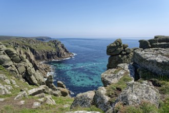 Rock formation off the west coast of England on the Atlantic Ocean. Land's End, the tip of the