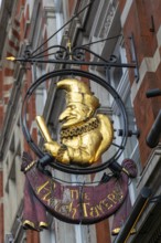 Gilt figure of Mr Punchon sign for The Punch Tavern pub, Fleet Street, Holborn, central London,