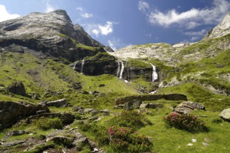 Waterfall at the Cirque de Troumouse basin in the Pyrenees National Park near Gavarnie-Gèdre,