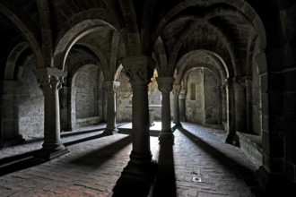 Vault, backlit altar between columns, underground grove of columns, pagan crypt, 10th century,