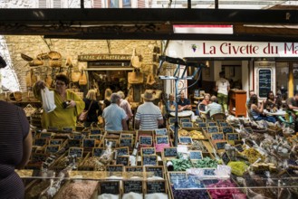 Market stall with herbs, market hall, Marche Provencal, Antibes, Provence Alpes Côte d'Azur, South