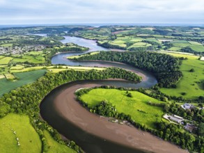 Farms and Fields over River Dart from a drone, Stoke Gabriel, Totnes, Devon, England, United