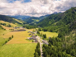 Expansive aerial view of a green valley with mountains and dense forests