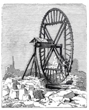 Lifting loads in quarries using a wheel driven by human power, digitally enhanced reproduction of a