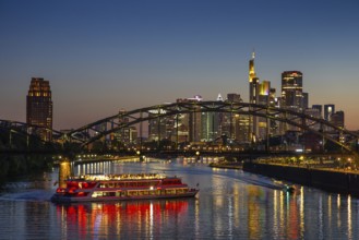 The lights of Frankfurt's banking skyline glow in the evening, Osthafen, Frankfurt am Main, Hesse,