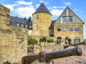 Historic cannons on the viewing terrace of Waldeck Castle former aristocratic residence of the