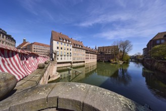 Pedestrian bridge, river Pegnitz, general architecture, Heilig-Geist-Spital, historical buildings,