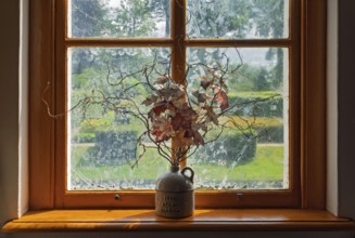 A ceramic vase with dried branches stands on a sunny windowsill in front of an old window with a