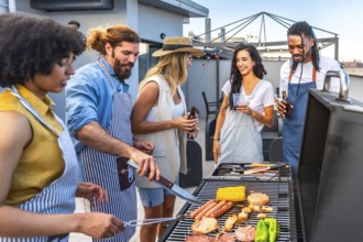 Chefs grilling juicy meat, fresh corn, and vibrant peppers while friends savoring drinks enjoy a