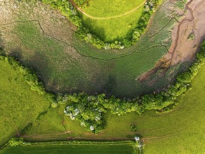 Top Down over Marshes over River Dart from a drone, Stoke Gabriel, Totnes, Devon, England, United
