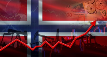 Oil pumps with Norway flag. Oil production with Norway flag, petrol industry