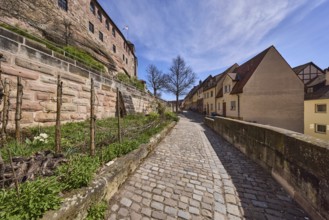 Old town, historic buildings, castle wall, sandstone wall, footpath, cobblestones, trees, garden,