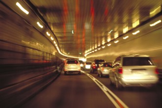 Evening rush hour in the Lincoln Tunnel, blurred, New York City, USA