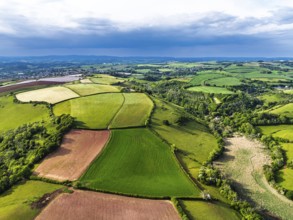 Farms and Fields over River Dart from a drone, Stoke Gabriel, Totnes, Devon, England, United