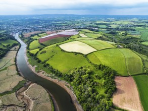 Farms and Fields over River Dart from a drone, Stoke Gabriel, Totnes, Devon, England, United