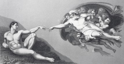 The Creation of Man, Sistine Chapel, steel engraving after the fresco by Michelangelo, Vatican,