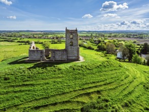 Burrow Mump from a drone, Southlake Moor, Burrowbridge, Taunton, Somerset, England, United Kingdom