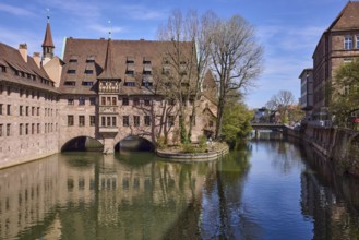Heilig-Geist-Spital, historic hospital, river Pegnitz, historic buildings, trees, symmetrical