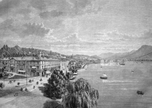 View of Lugano in 1869, Switzerland, Historical, Reproduction from a 19th century scene