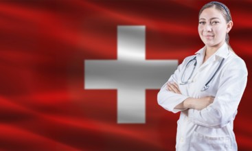 Female doctor on Switzerland flag. Doctor with crossed arms on Switzerland flag. Switzerland health