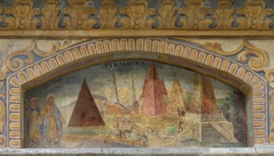 Fresco of the Pyramids of Giza at the Fountain of Wonders, 1508, in the courtyard of Neustift St