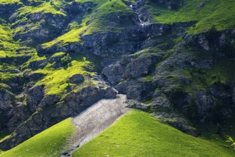Waterfall and green slopes in a rock face, Zinal valley, Val d'Anniviers, Valais Alps, Canton