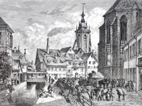 The corn market in Colmar, 1870, Alsace, France, Historical, digitally enhanced reproduction of a