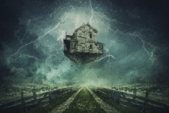 Alluring painting of a flying haunted house with stormy clouds and lightning in the sky. Home