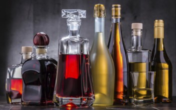 Composition with carafe and bottles of assorted alcoholic beverages