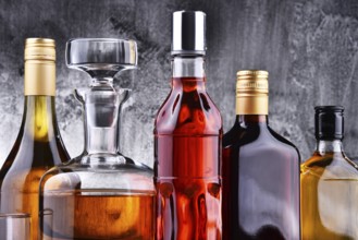 Composition with carafe and bottles of assorted alcoholic beverages