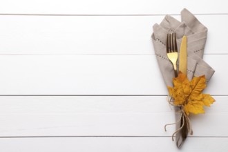 Autumn table setting on white wooden table Thanksgiving or Octoberfest vintage background copy