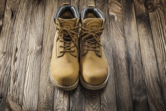 Construction tools sawety wear leather working boots on vintage wooden boards