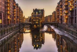 Historic warehouses in the Speicherstadt in Hamburg after sunset