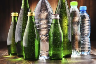 Composition with different sorts of bottles containing mineral water