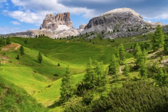 Natural landscape of Italian Dolomites Mountain with Mount Averau of the Nuvolau Group and green