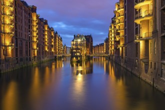 The historic Speicherstadt in Hamburg by night