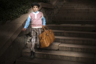 Exterior stairs and child with vintage bag. Vintage clothes style