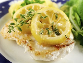 Pan fried pearl perch with caramelized lemon ginger and thyme