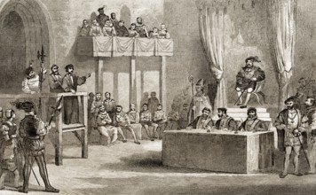 John Lamberts Prozess vor König Heinrich VIII., Westminster, England, 1538