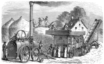Historical graphic representation, 1896, steam engine powering an old threshing machine, eine