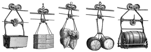 Historical illustration, 19th Century, Cable car transport systems, Fördergefäße und Lasten einer