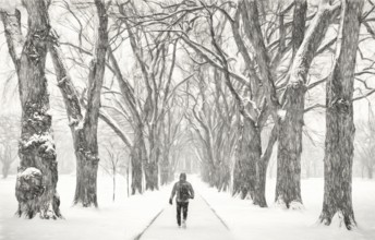 Lonely male figure walking in a blizzard - alley of old elm trees - historical Oval at Colorado