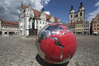 Luther city Wittenberg market square 6361 left town hall 16th century in front monument to