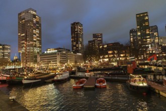 View of the busy harbour with skyscrapers and boats at dusk, Rotterdam, Netherlands