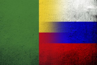 National flag of Russian Federation with Republic of Benin National flag. Grunge background
