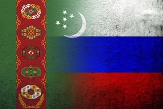 National flag of Russian Federation with The Republic of Turkmenistan National flag. Grunge